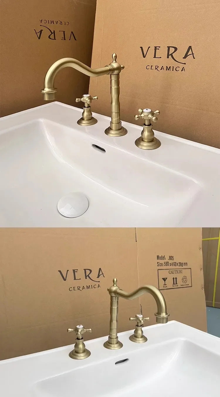 Luxury Gold Color Brass 3 Hole Basin Sink Faucet Dual Handle Hot and Cold Mixer Tap Plum Shape Nnf981