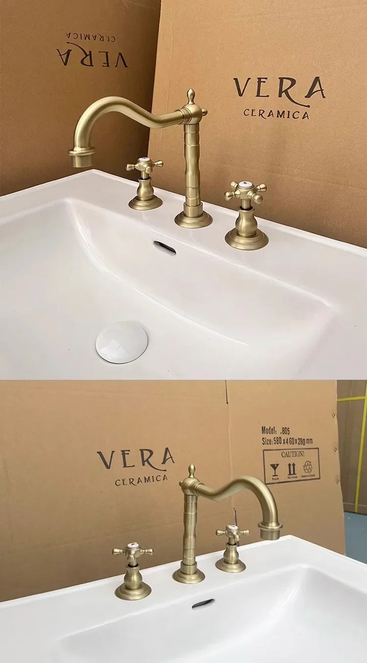 Luxury Gold Color Brass 3 Hole Basin Sink Faucet Dual Handle Hot and Cold Mixer Tap Plum Shape Nnf981