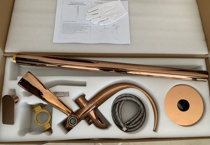 Floor Stand Waterfall Bathtub Faucet Solid Brass Bathroom Bathtub Water Mixer with Hand Shower in Brushed Rose Gold, Black, Gold