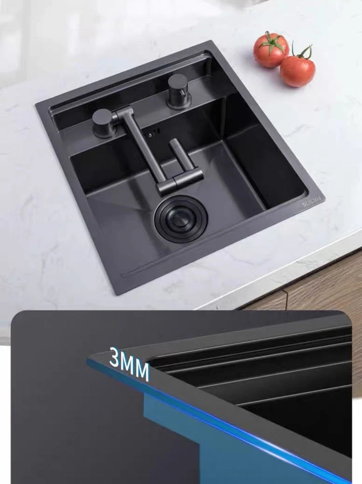 Nano Hidden Bar Kitchen Sink Black Folding Faucet Mini Small Single Bowl Wash Basin Stainless Steel Soap Dispenser Accessories