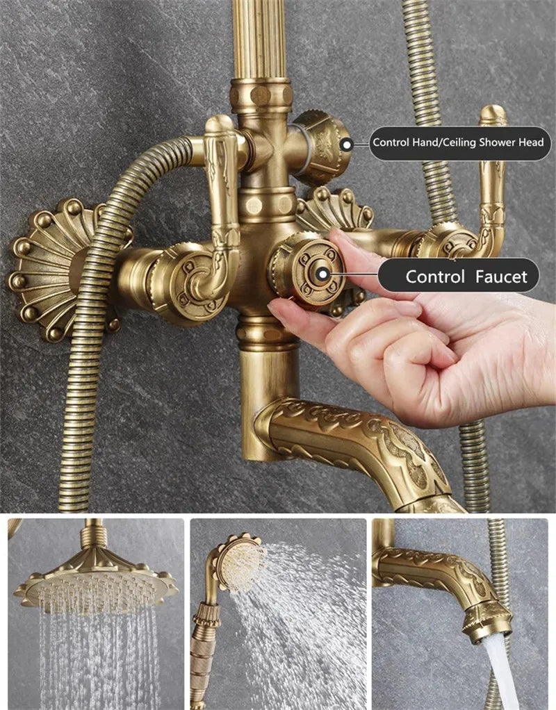 Antique Bronze Carved Bathroom Shower Faucet Set Wall Mounted Bathtub and Shower Faucet Cold & Hot Bath Shower Mixer Tap Brass