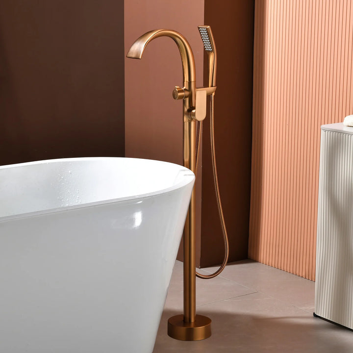 Floor Stand Waterfall Bathtub Faucet Solid Brass Bathroom Bathtub Water Mixer with Hand Shower in Brushed Rose Gold, Black, Gold