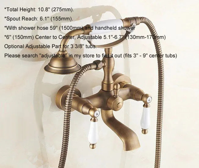 Vintage Retro Antique Brass Double Ceramic Handles Wall Mounted Claw Foot Bathroom Tub Faucet Mixer Tap With Handshower mtf152