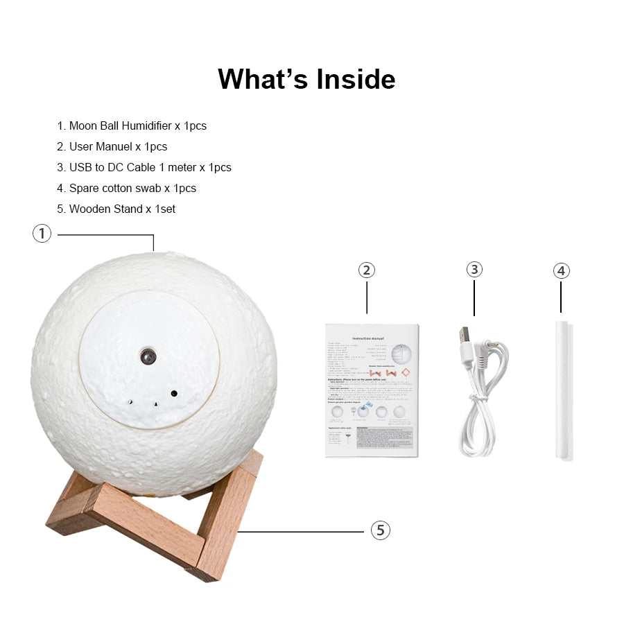 800ml Moon Essential Oil Aroma Diffuser USB Power Cord Ultrasonic Noiseless Cool Mist  Adjustable Color Lights Air Humidifier