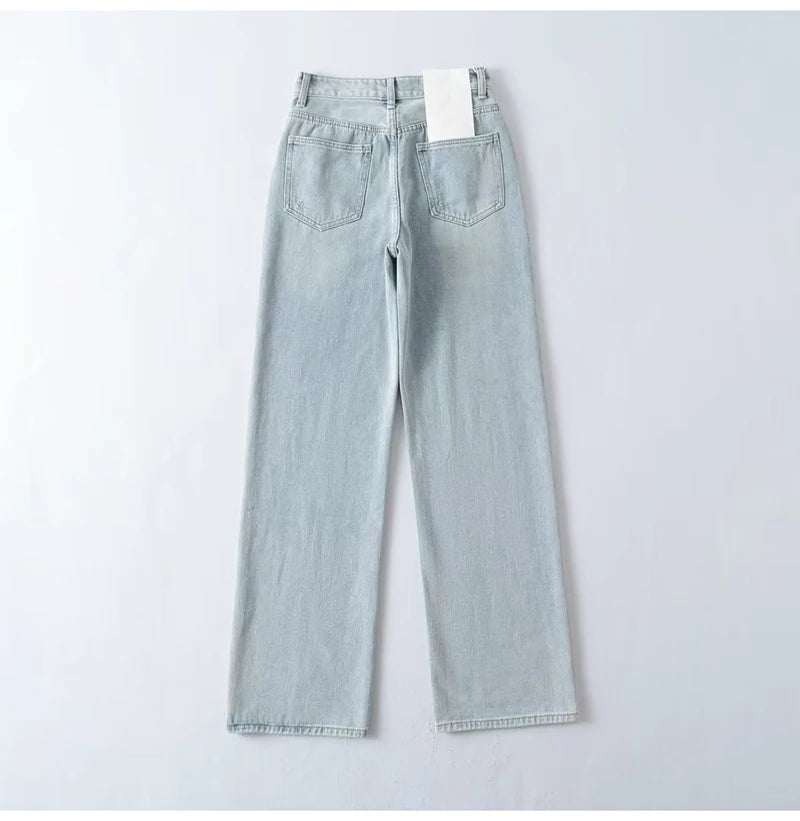 MiuKoMiYa Straight Leg Jeans For Women High Waist Gray Long Wide Denim Pants Vintage Blue Boyfriend Jeans