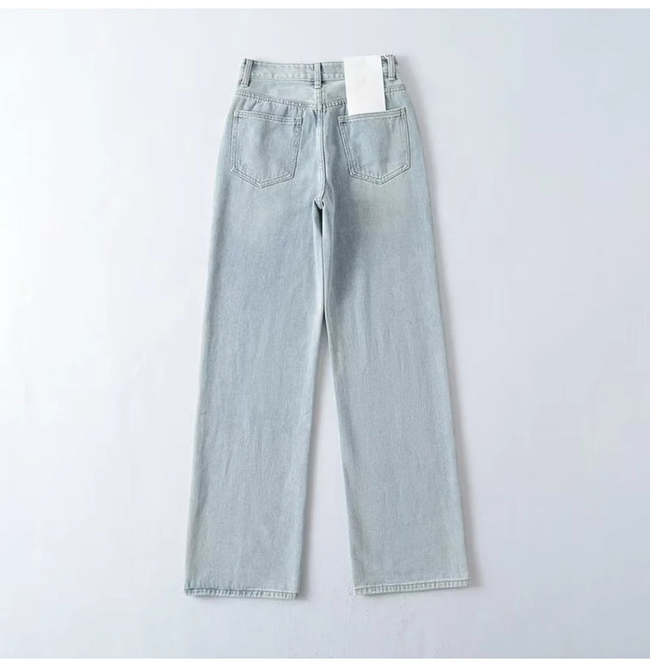MiuKoMiYa Straight Leg Jeans For Women High Waist Gray Long Wide Denim Pants Vintage Blue Boyfriend Jeans