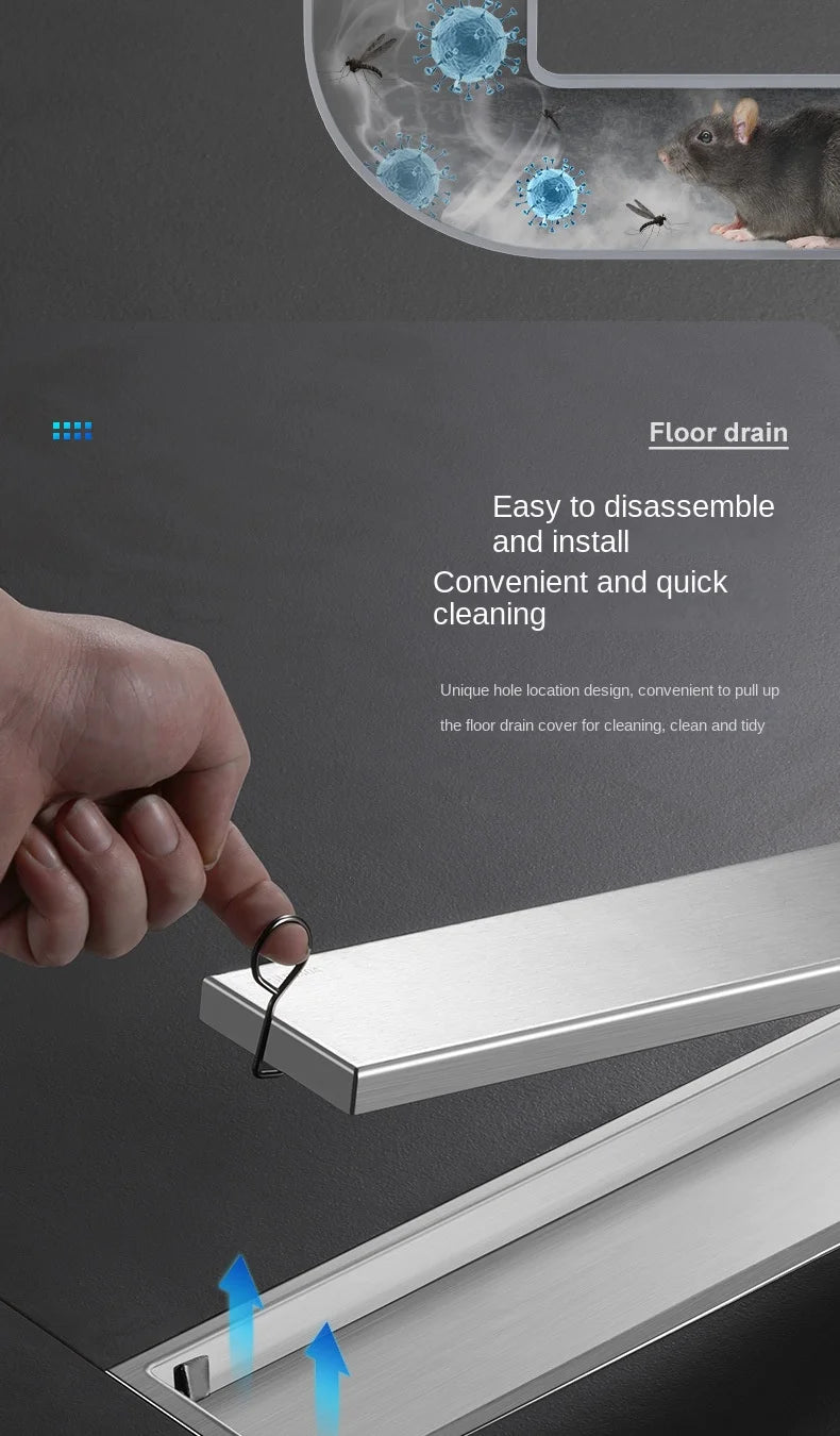 Luxury Hidden 304 Stainless Steel Rectangular Floor Drain Bathroom Toilet Drain Anti-Odor Filter Hair Extended Floor Drain