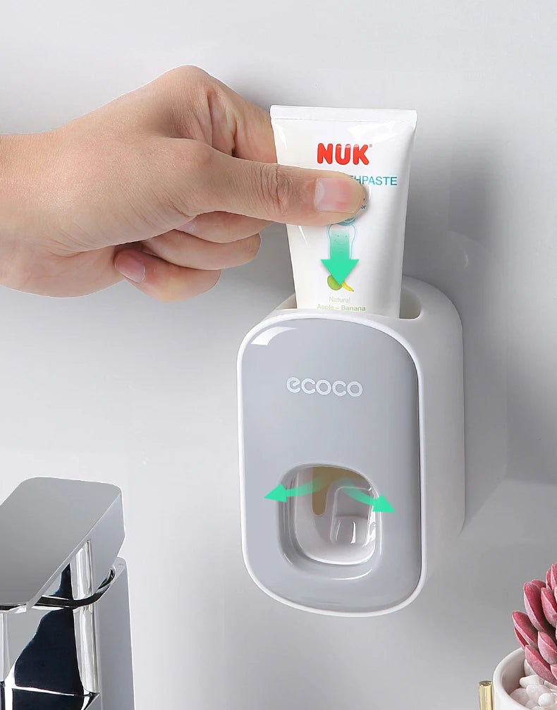 ecoco  Wall Mount Automatic Toothpaste Dispenser Bathroom Toothpaste Squeezer Dispenser Toothbrush Holder bathroom accessories