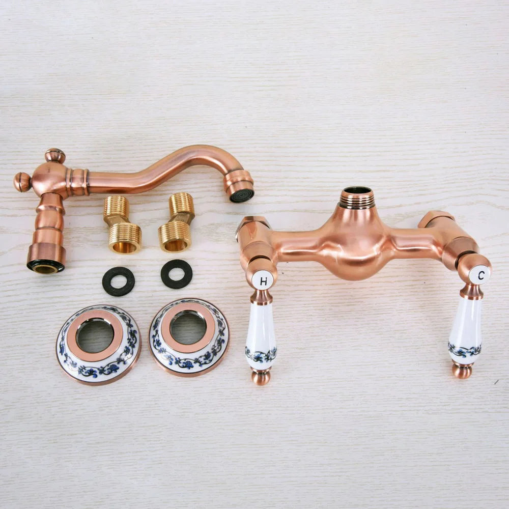Antique Red Copper Brass Bathroom Kitchen Sink Faucet Mixer Tap Swivel Spout Wall Mounted Dual Ceramic Flower Levers Base mnf955
