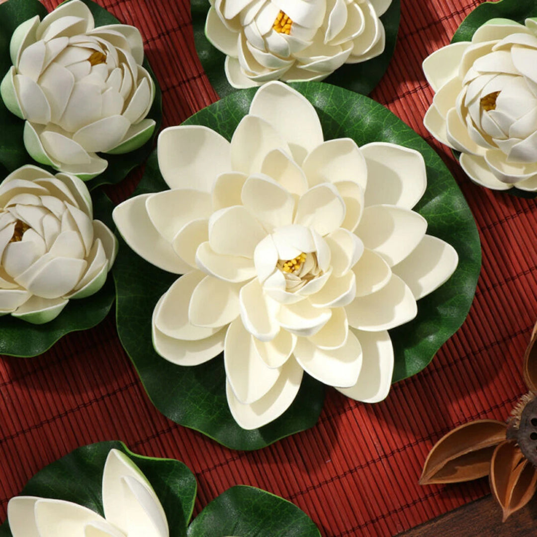 6PCS Lotus Artificial Flower Floating Fake Lotus Plant Lifelike Water Lily Micro Landscape for Pond Garden Decor