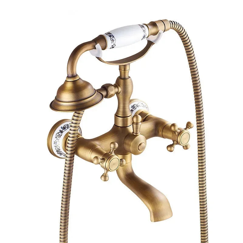Antique Bathtub Shower Faucet Set Wall Mounted Black Bath Shower Faucet Bathroom Cold and Hot Bath and Shower Mixer Taps Brass