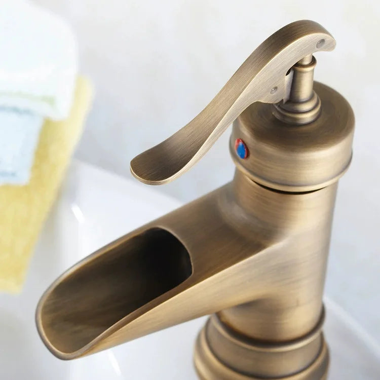 Copper antique brass washbasin hot and cold faucet European retro washbasin waterfall faucet single handle