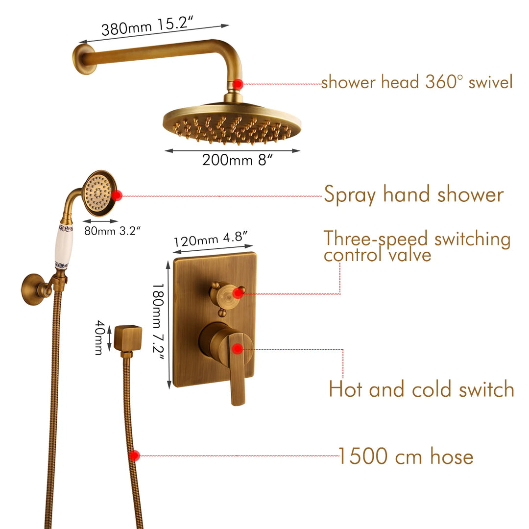 KEMAIDI Golden Plated Shower Faucet Set Solid Brass Wall Mounted Rainfall Shower Mixer Tap 8 Inch Round Style Shower Faucet Set