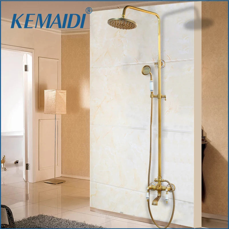 KEMAIDI Antique Brass Retro Vintage Bathroom Shower Faucet Set Wall Mounted Rainfall Shower Head Bathtub Mixer Shower Systerm