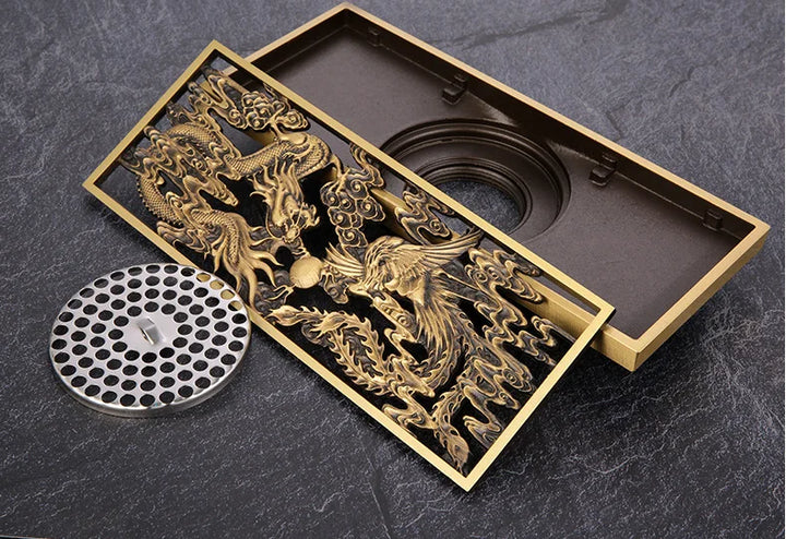 Bathroom Floor Drain Copper Antique Dragon Phoenix Picture Cover Large Displacement Floor Drain 20cm Long Strip Odor-Proof Drain