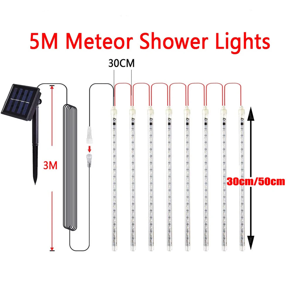 30/50cm Solar Meteor Shower LED Holiday Fairy String Light 8 Tubes Outdoor Waterproof Garden Street Garland