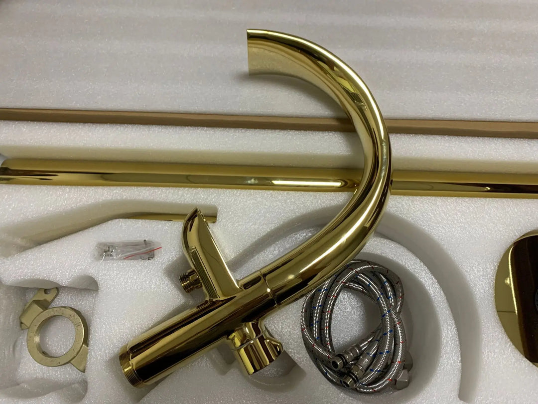 Floor Stand Waterfall Bathtub Faucet Solid Brass Bathroom Bathtub Water Mixer with Hand Shower in Brushed Rose Gold, Black, Gold