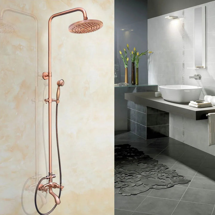Antique Red Copper Wall Mount Rain Shower System Hand Shower Head Set Bathtub Dual Cross Handles Tap arg503