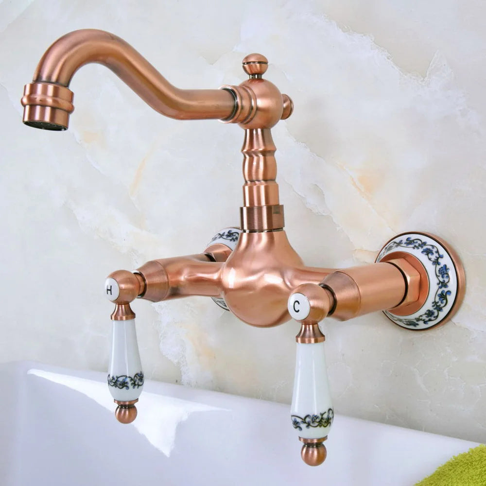 Basin Faucet Wall Mounted Dual Handles Bathroom Faucets Swivel Spout Antique Red Copper Hot Cold Water Mixer Tap Nnf955