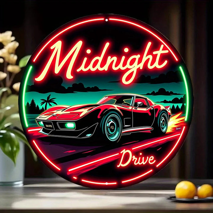 Vintage Neon Car Sign Midnight Drive – Retro Automotive LED Art Metal Sign with Red & Green Lights, Round Metal Wall Decor