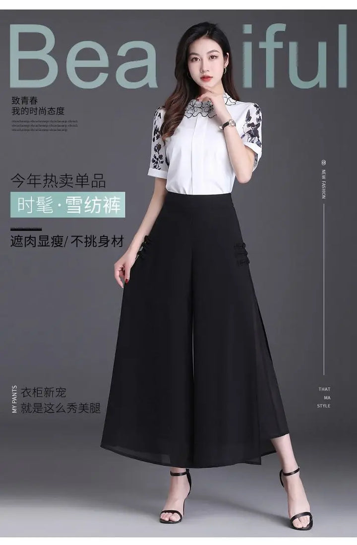 Thin Chinese Style Floral Chiffon Wide Leg Pants Women Tie Die Printed Button Loose High Waist Vintage Straight Trousers