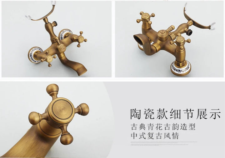 Antique Luxury Bathroom Shower Faucet Copper Black Bathtub Faucet Shower Set Wall Mounted 2 Handles Shower