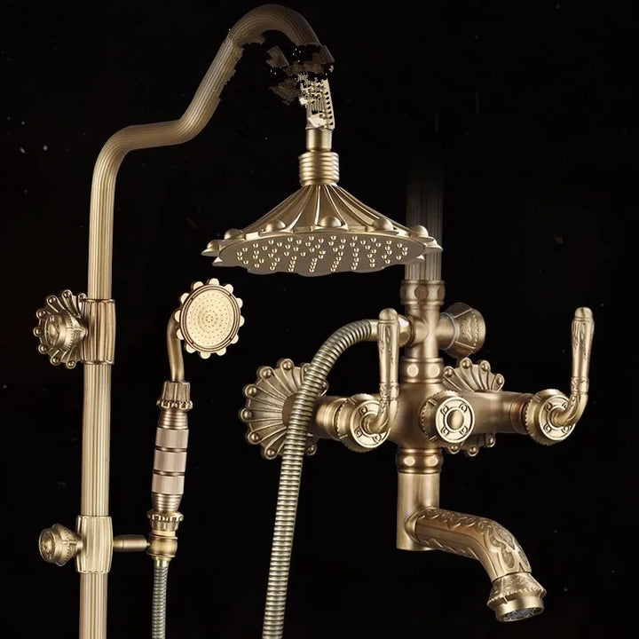 Antique Bronze Carved Bathroom Shower Faucet Set Wall Mounted Bathtub and Shower Faucet Cold & Hot Bath Shower Mixer Tap Brass