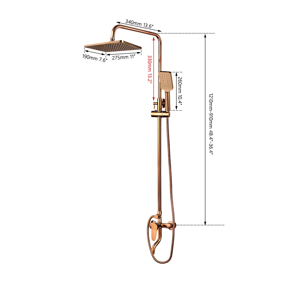 JIENI Luxury Rose Golden Shower Faucet Set Solid Brass Handle Bathroom Bathtub Mixer Rainfall Hand Shower & Spray Shower Facuet