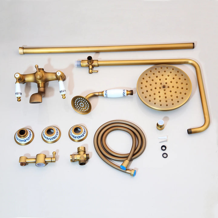 KEMAIDI Antique Brass Retro Vintage Bathroom Shower Faucet Set Wall Mounted Rainfall Shower Head Bathtub Mixer Shower Systerm
