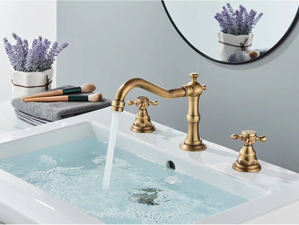 Antique Brass Bathroom Mixer Taps Widespread Basin Faucet Dual Handles Hot and Cold Tap Deck Mounted Brass Basin Sink Faucet