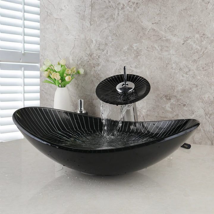 KEMAIDI Black Striped Tempered Glass Vessel Sink Set, Multi-Shape Bathroom Basin with Single-Handle Faucet Deck Mounted Vessel