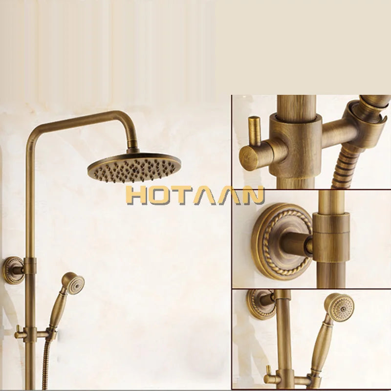 Luxury NEW Bathroom Surface Mount Brass Rainfall Shower Faucet Set Antique Brass with Handshower + Tub Spout + 8" shower head