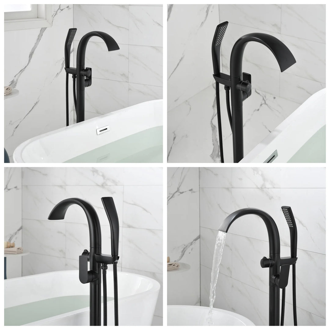 Floor Stand Waterfall Bathtub Faucet Solid Brass Bathroom Bathtub Water Mixer with Hand Shower in Brushed Rose Gold, Black, Gold