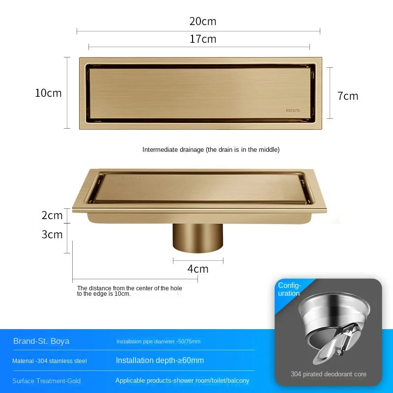 Luxury Hidden 304 Stainless Steel Rectangular Floor Drain Bathroom Toilet Drain Anti-Odor Filter Hair Extended Floor Drain