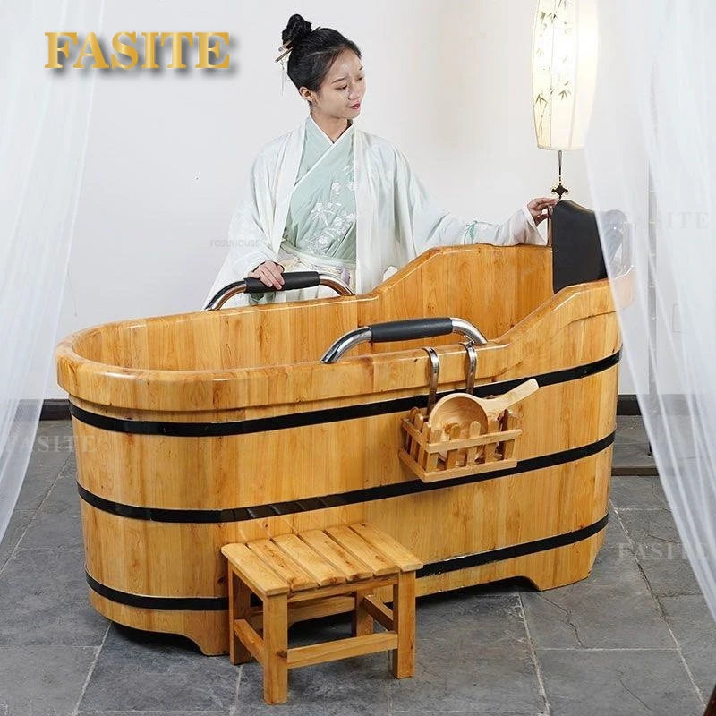 Portable Bathtubs Wooden Barrel Sweat Steaming with Cover Home Full Body Adult Bath Barrel Adult Home Beauty Salon Bath Tub