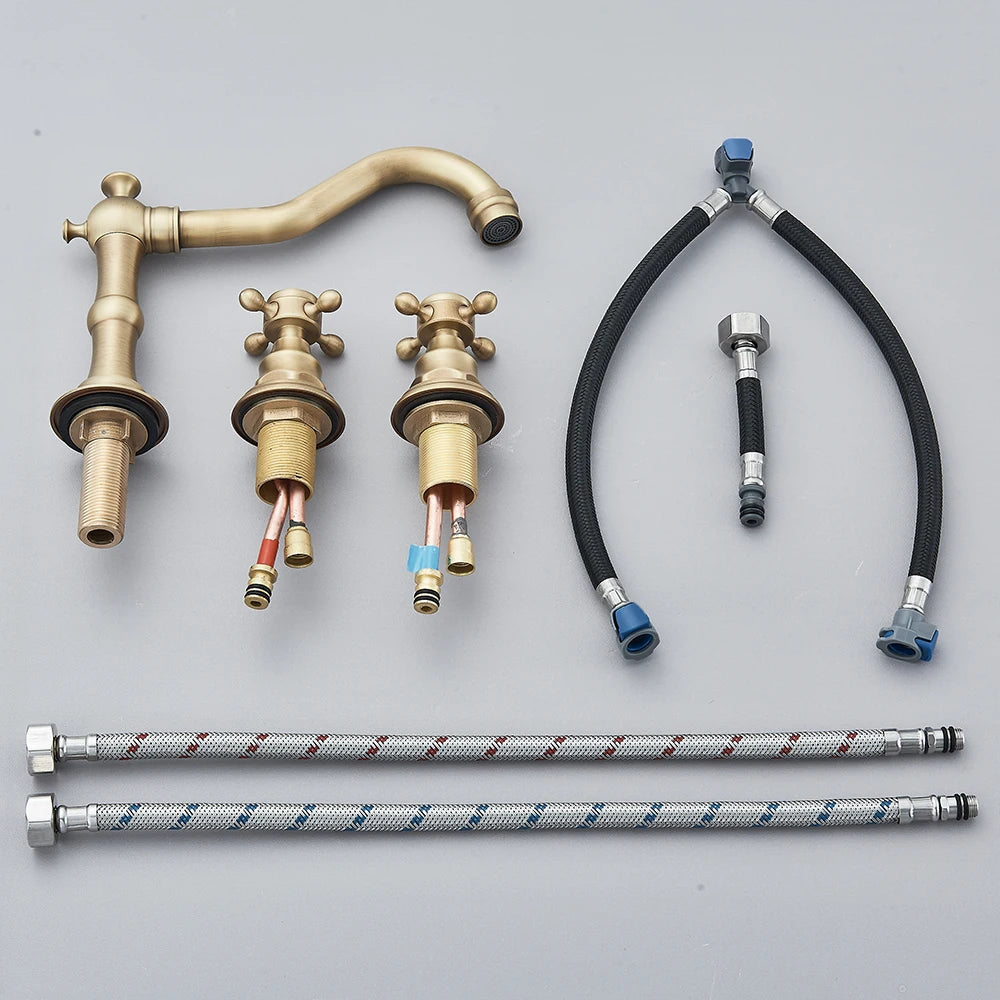 Antique Brass Bathroom Mixer Taps Widespread Basin Faucet Dual Handles Hot and Cold Tap Deck Mounted Brass Basin Sink Faucet