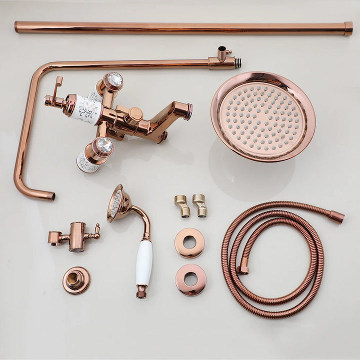KEMAIDI Solid Brass Bathroom Shower Set Golen Plated Rainfall Shower Systerm Bath Shower Faucet Mixer 3 in 1 Wall Mounted Shower