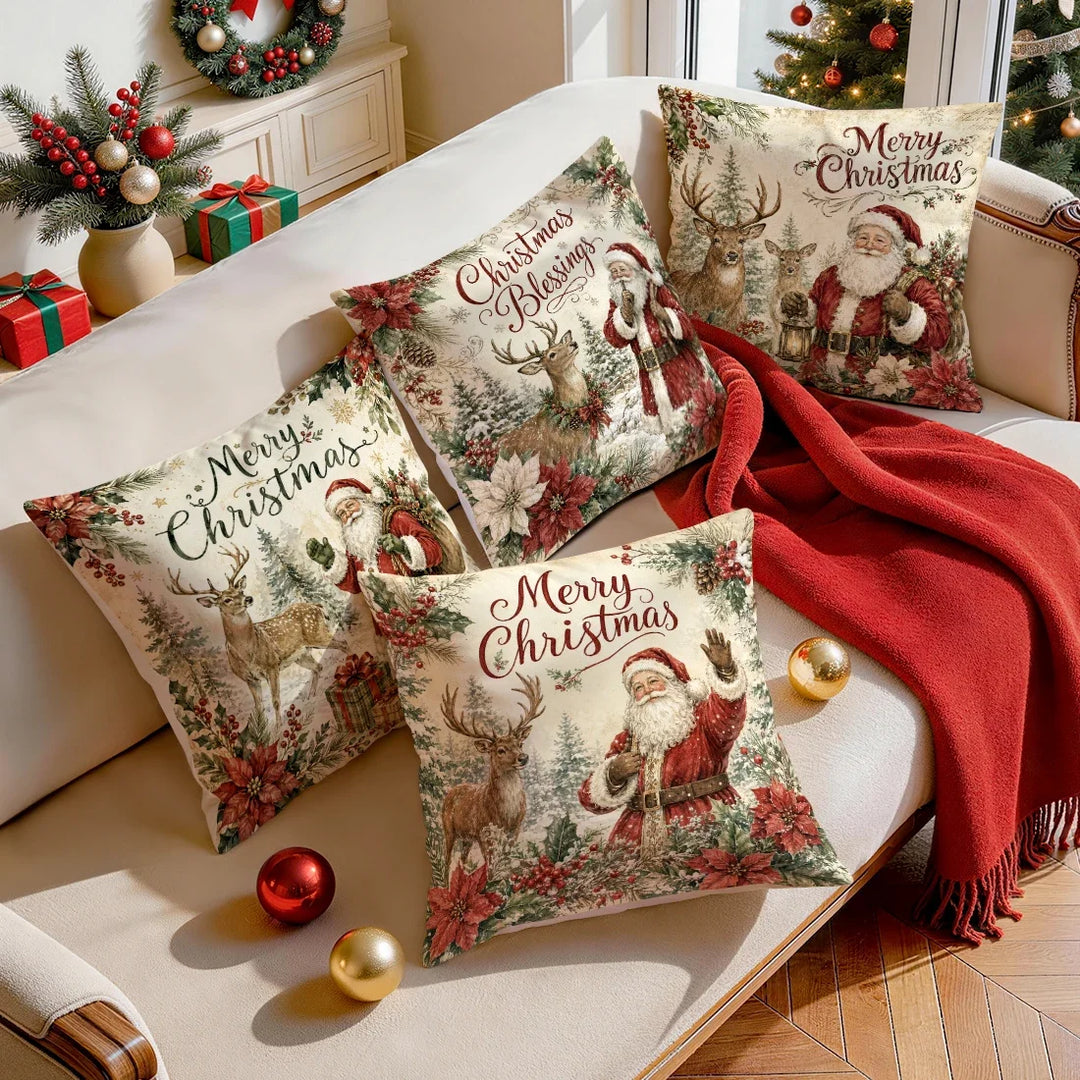 1/4pcs Vintage Watercolor Santa Claus Polyester Cushion