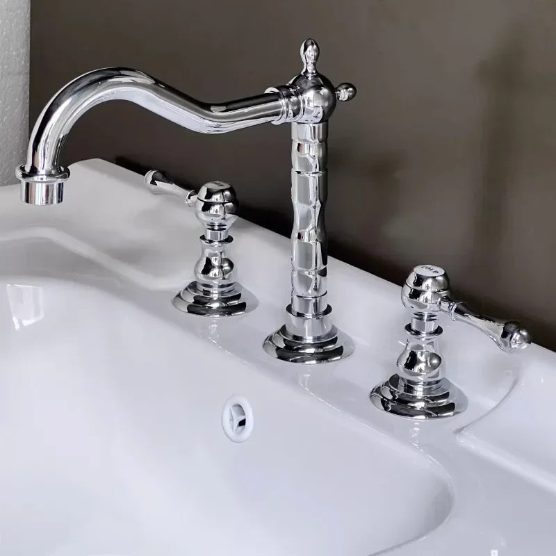 Luxury Gold Color Brass 3 Hole Basin Sink Faucet Dual Handle Hot and Cold Mixer Tap Plum Shape Nnf981
