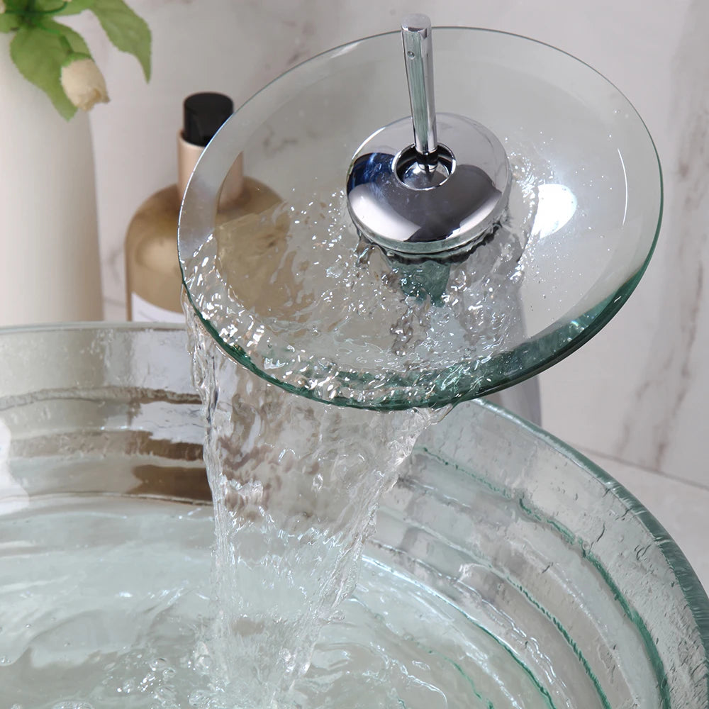 YANKSMART Transparent Tempered Glass Round Bathroom Basin Sink Faucet Set Washbasin Vessel Vanity with Mixer Waterfall Faucets