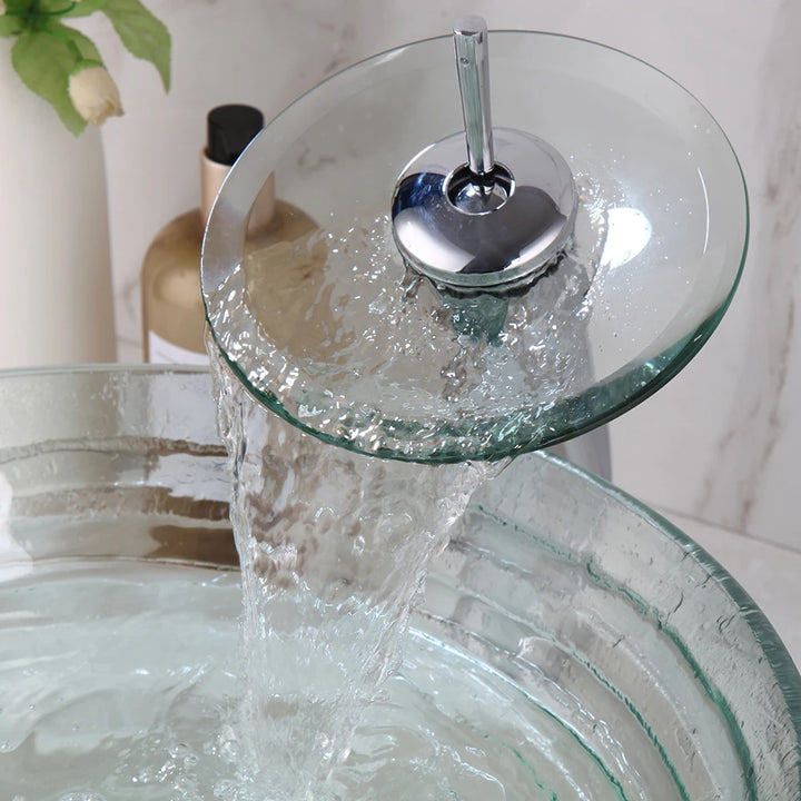 YANKSMART Transparent Tempered Glass Round Bathroom Basin Sink Faucet Set Washbasin Vessel Vanity with Mixer Waterfall Faucets