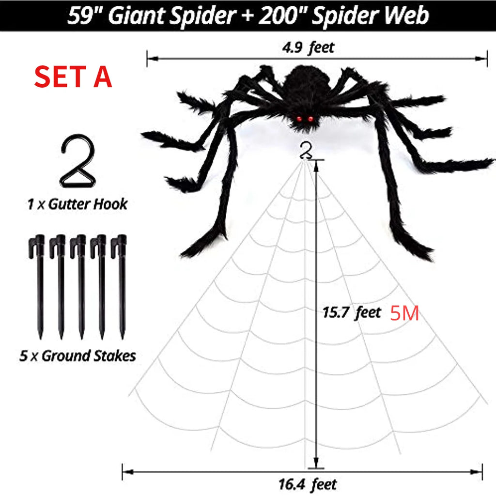 Halloween Giant Spider Decoration Spider Web Stretchy Cobwebs Black Spiders Terror Bar Haunted Home Halloween Props