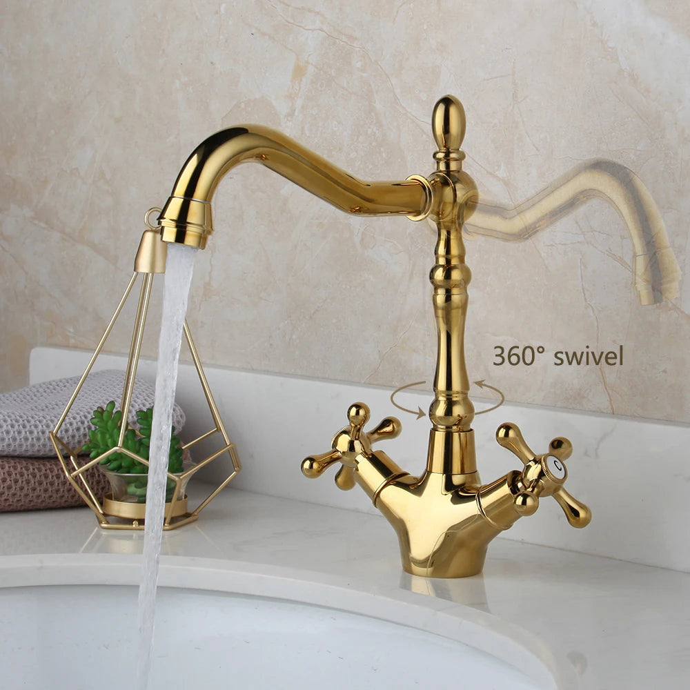 ZAPPO Kitchen Sink Faucet Polish Chrome Double Cross Handle Mixer 360° Swivel Spout Kitchen Faucets Tap Hot and Cold Water Taps