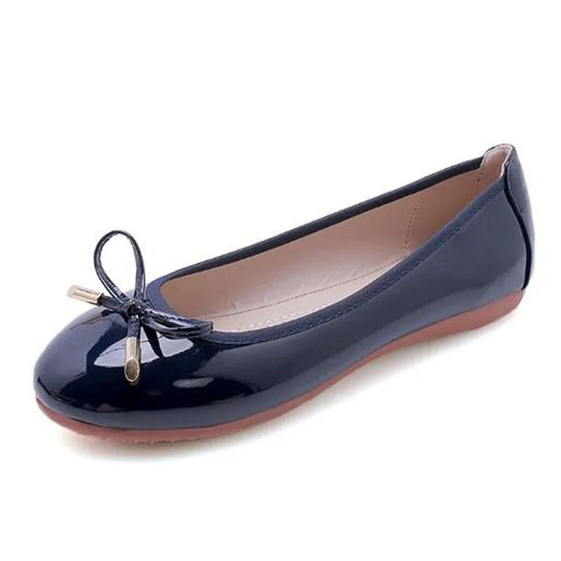 Ladies Loafers Shoes Bowtie Flats Patent Leather Loafers Women Round Toe Roll-Up Shoes Woman Bridesmaid Flats Large Size Zapatos