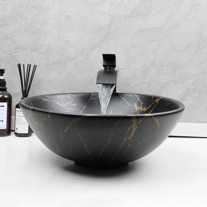 TORAYVINO Ceramic Bathroom Basin Sink Faucet Set Matter Black Vessel Vanity Top Sink Waterfall 2 Hole Single Handle Faucet Mixer
