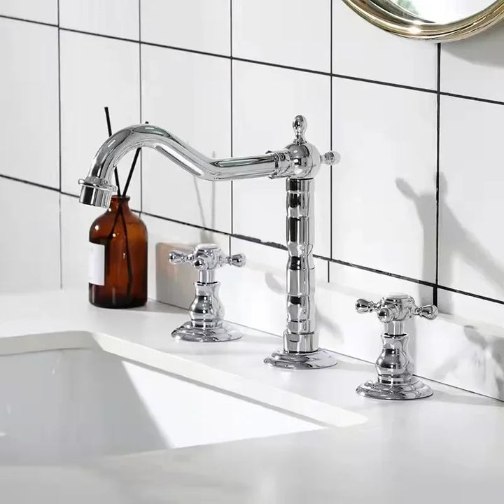 Luxury Gold Color Brass 3 Hole Basin Sink Faucet Dual Handle Hot and Cold Mixer Tap Plum Shape Nnf981