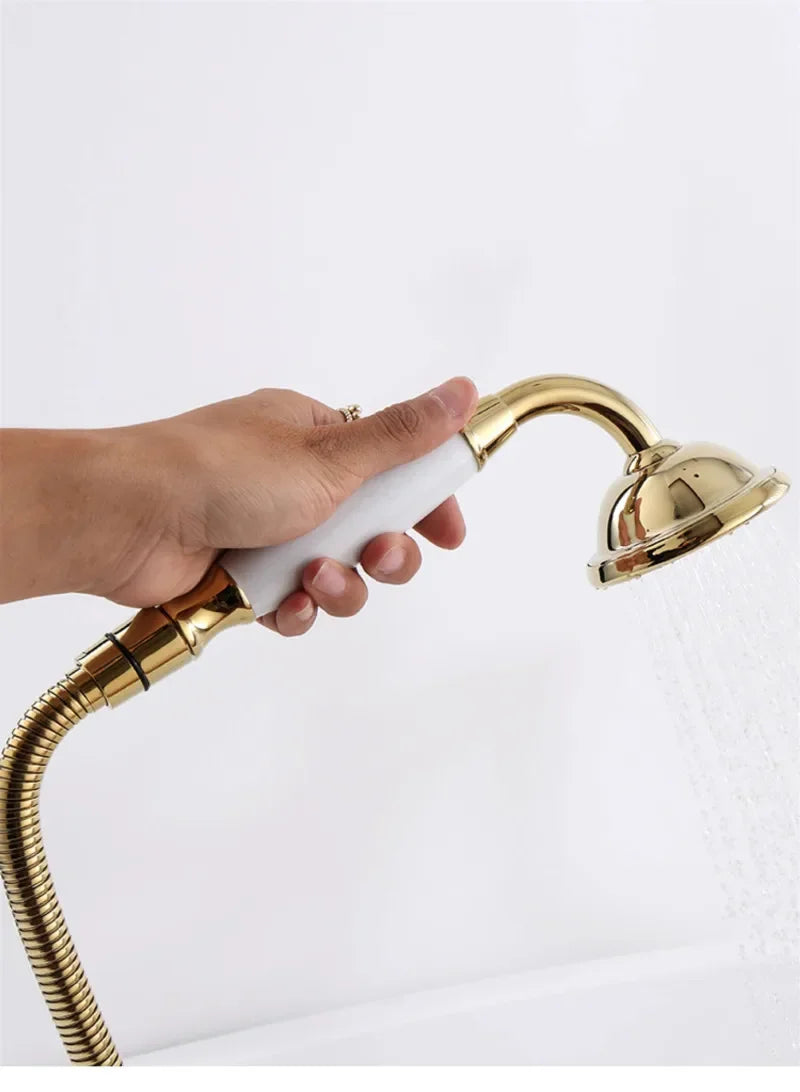 Bathtub Faucet Set Floor Decked Bathroom Classical Top High Quality Gold American Style Ceramic Handle Shower Faucet