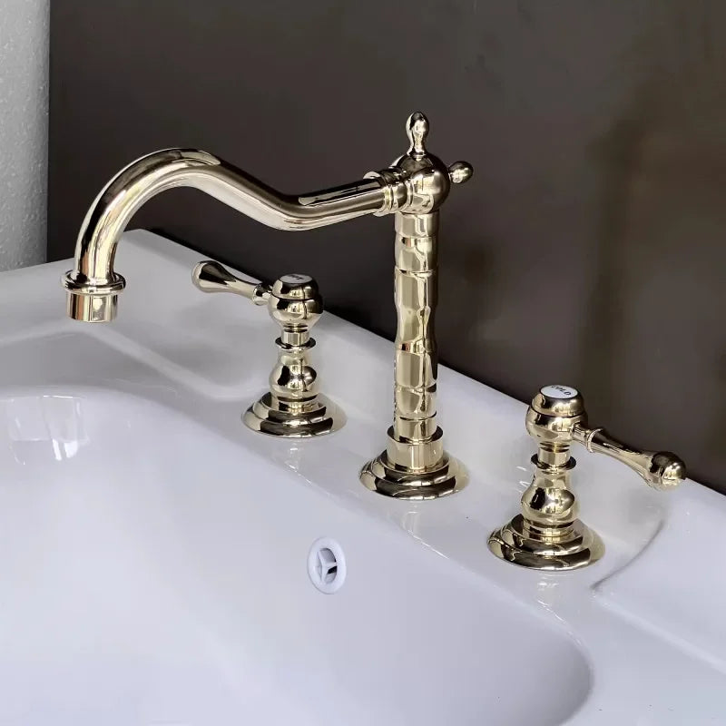 Luxury Gold Color Brass 3 Hole Basin Sink Faucet Dual Handle Hot and Cold Mixer Tap Plum Shape Nnf981