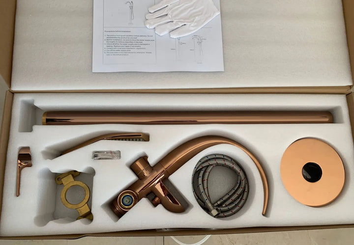 Floor Stand Waterfall Bathtub Faucet Solid Brass Bathroom Bathtub Water Mixer with Hand Shower in Brushed Rose Gold, Black, Gold