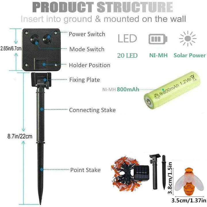 Solar Bee LED String Lights Outdoor Holiday Party Lighting Night Lamp for Garden